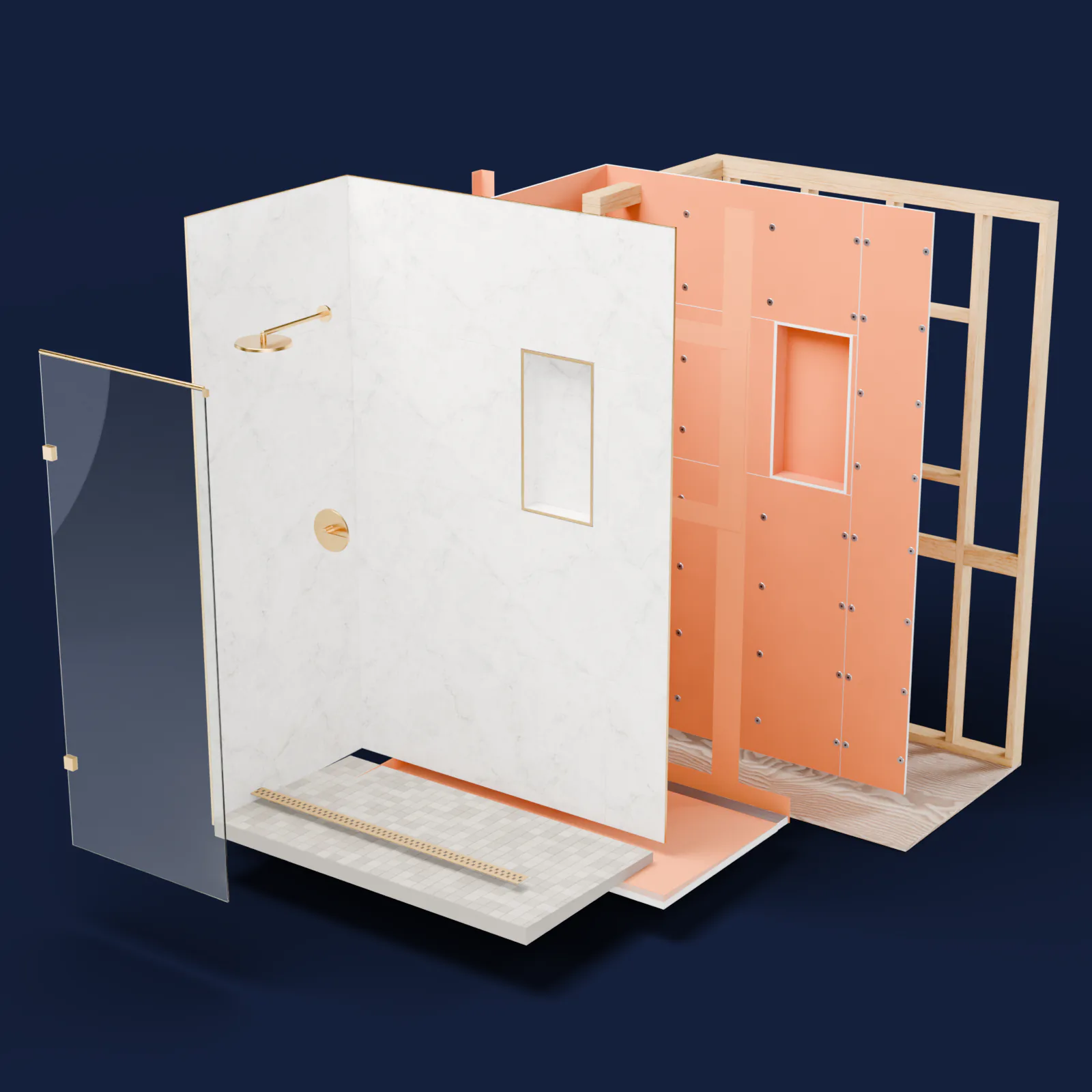 Exploded view of a shower corner in five layers: wood framing, Schluter board, sealed seams with the sloped tray and linear drain, porcelain tile, then the glass panel and fixtures.
